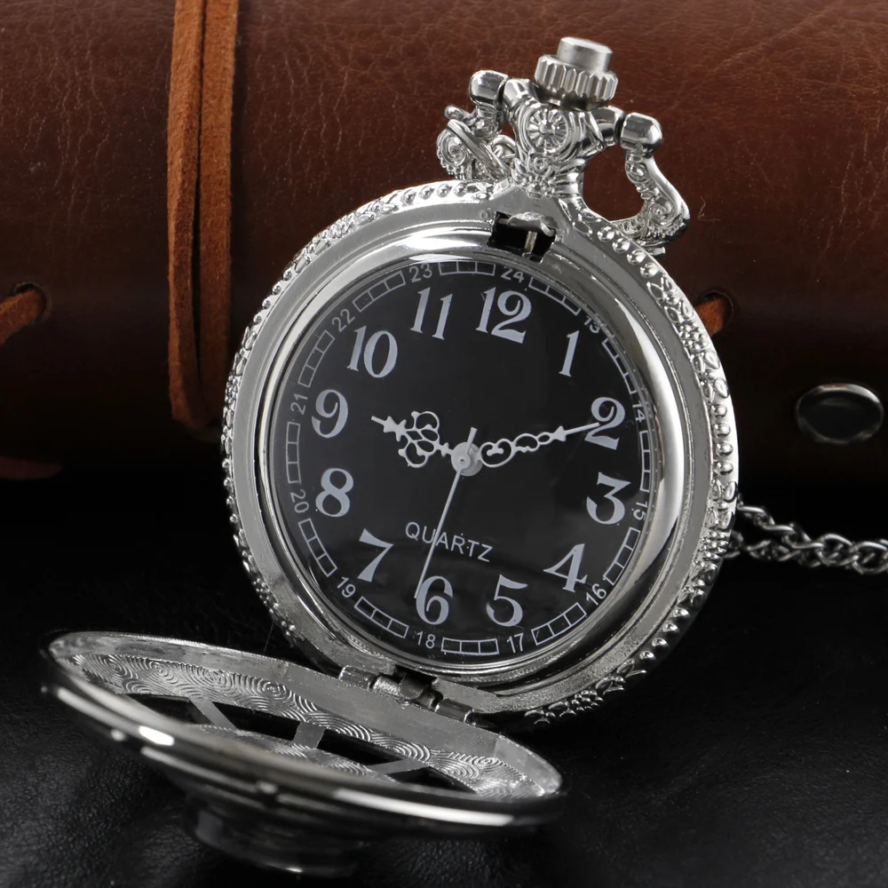 Exquisite Compass Design Vintage Hollow Skeleton Pocket Watch Black Starry Round Dial Antique Pendant Clock Retro Gifts Unisex