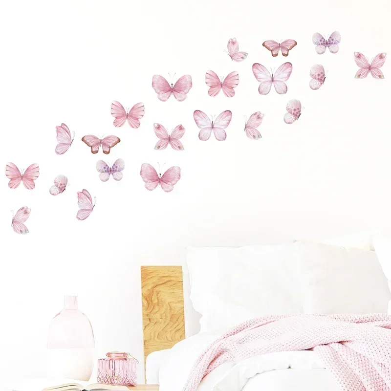17Pcs Watercolor Soft Pink Flying Butterflies Pattern Wall Stickers for Kids Room Baby Nursery Room Girl Room Wall Decals Decor
