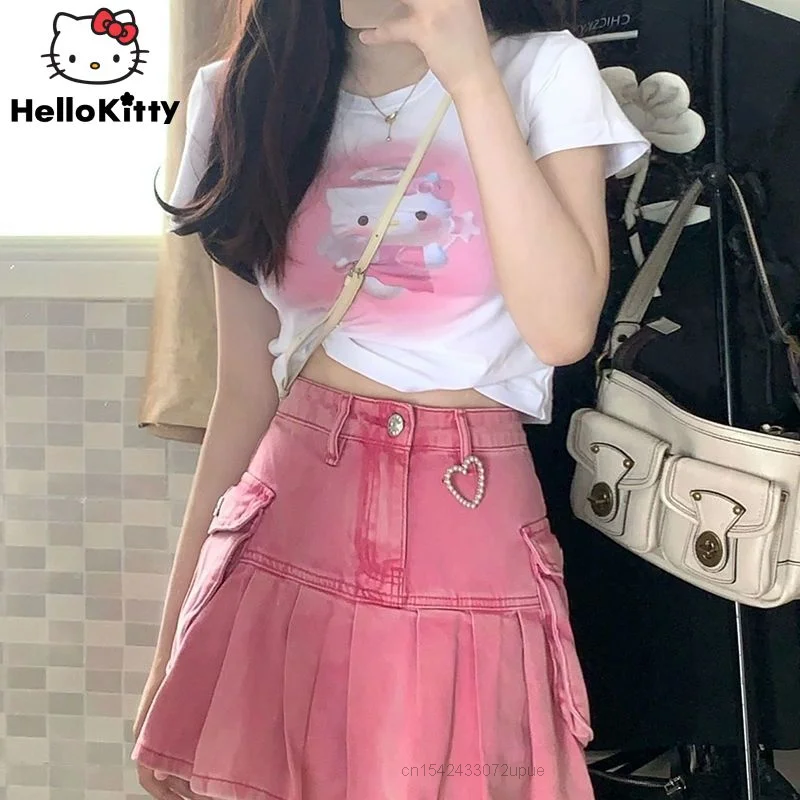 

Sanrio Clothes Hello Kitty Summer Fashion Short T-shirts Pink Pattern Korean Style Crop Top Women Short Sleeve Tops Y2k Cute Tee