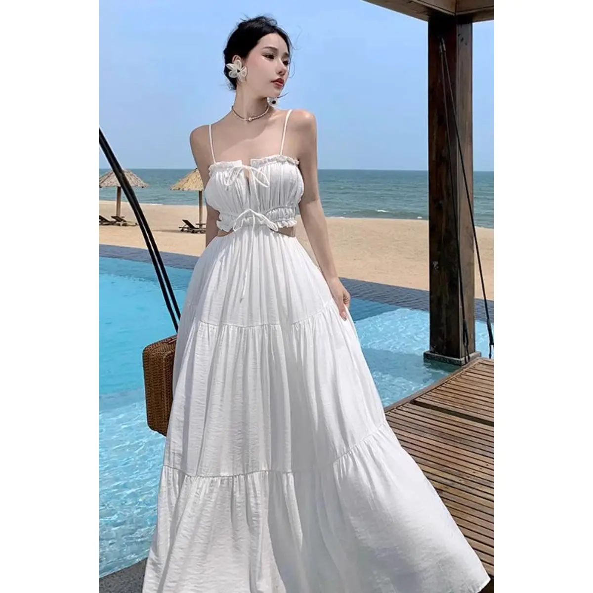 

Korea White Vacation Backless Lace-Up Fairy Dresses Women Elegant Party Sexy Club Pleated A-Line Long Dress Ladies