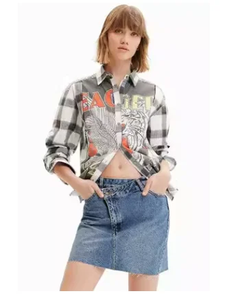 

Foreign Trade Spain Desigual Single Sand Wash Printing Contrast Panel Plaid Cotton Women's Long Sleeve Shirt