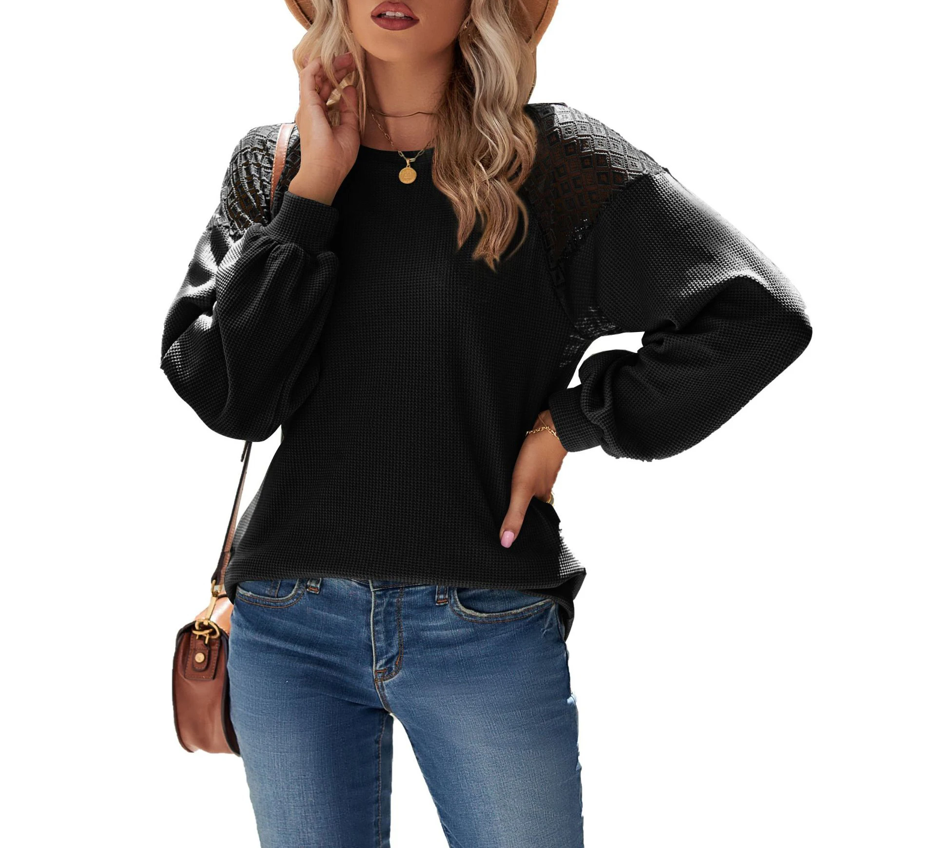 

T-shirt for Women Autumn and Winter Hollow Long-sleeved Fashion Splicing Round Neck Loose Casual Blouse