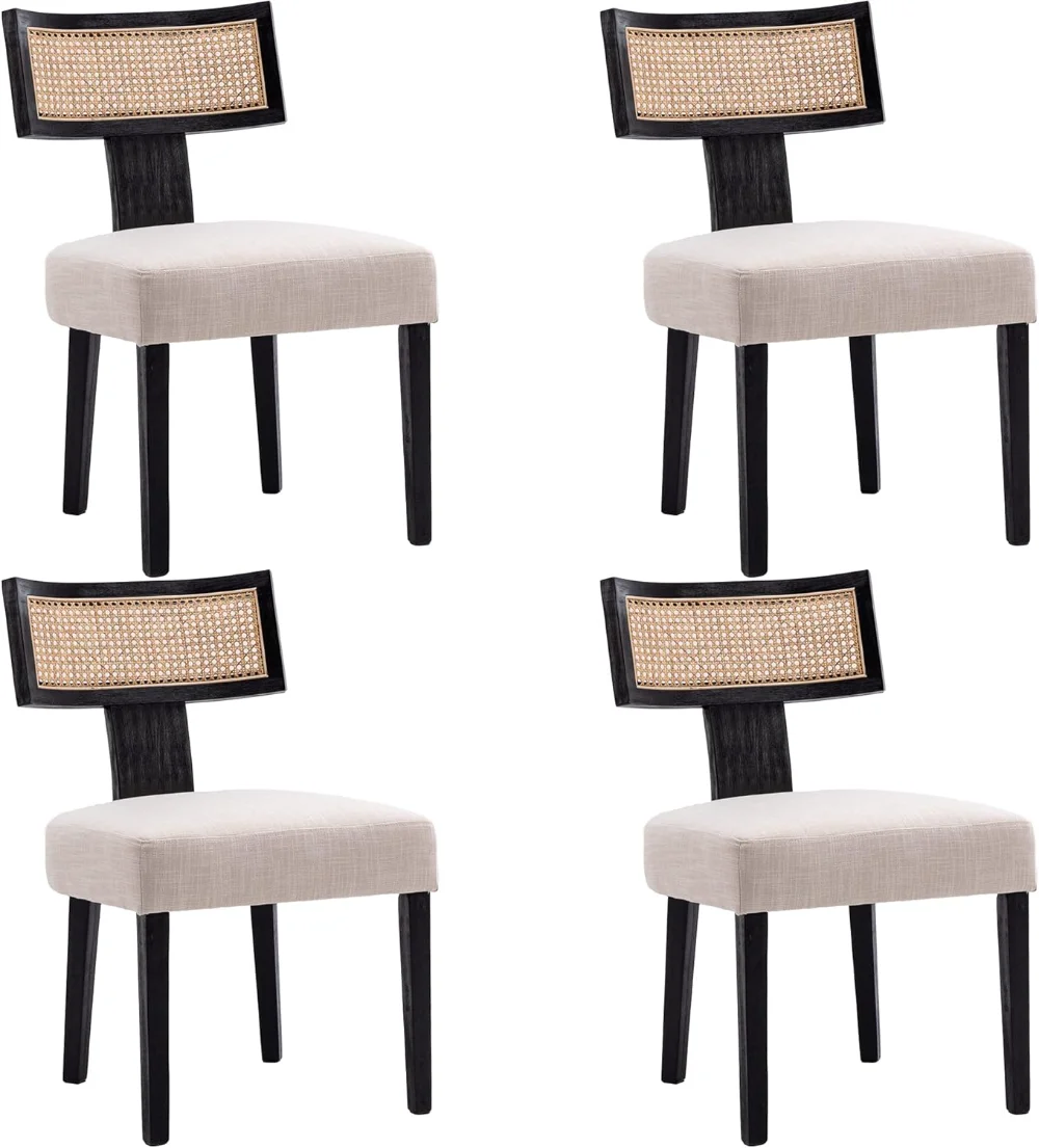 Rattan Back Dining Chairs Mid Century Modern Dining Chairs Set of 4 Rattan Kitchen Chairs Linen Fabric