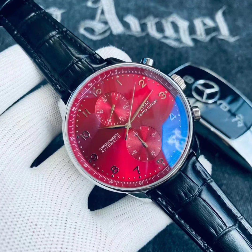 

Luxury Mens Automatic Mechanical Watch Black Brown Leather Stainless Steel Luminous White Red Dial