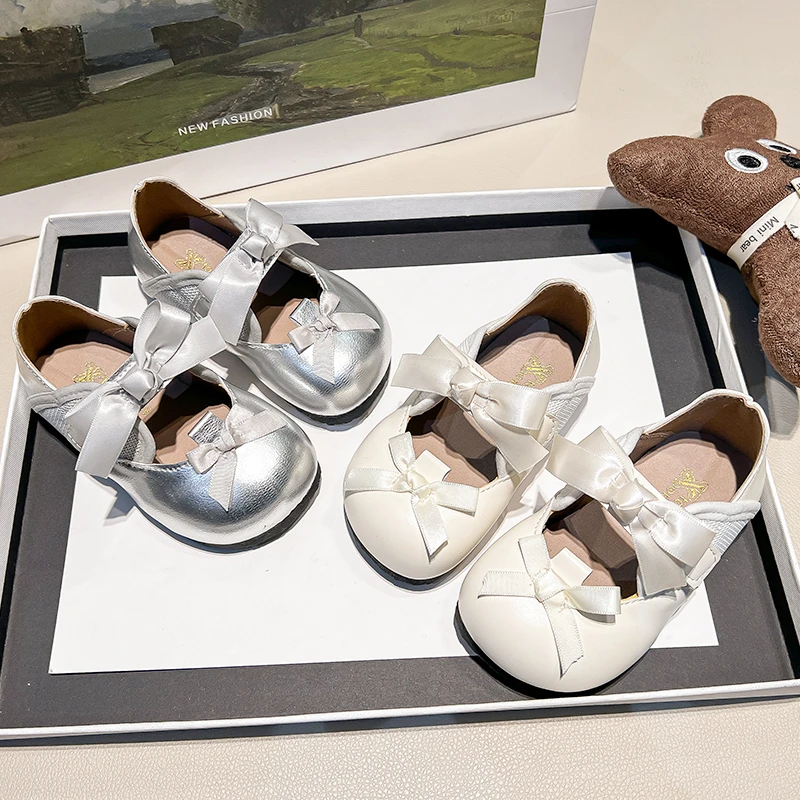 Leather Ballet Flats for Girls with Soft Sole and Cute Bow