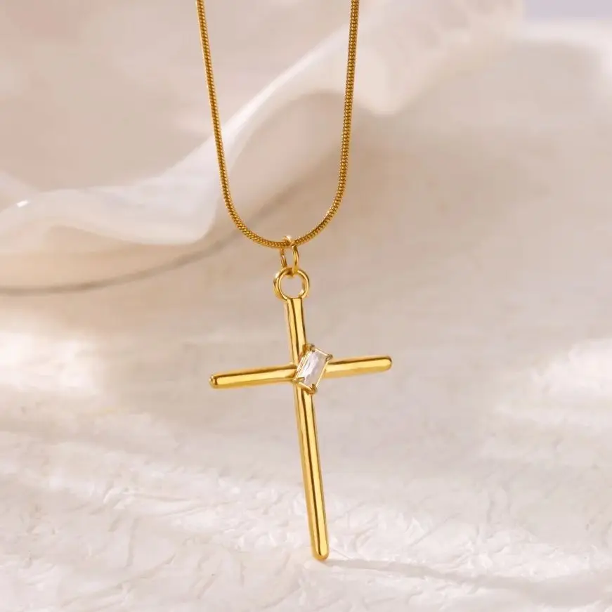 Stainless Steel Zircon Cross Pendant Necklace for Men Women Minimalist