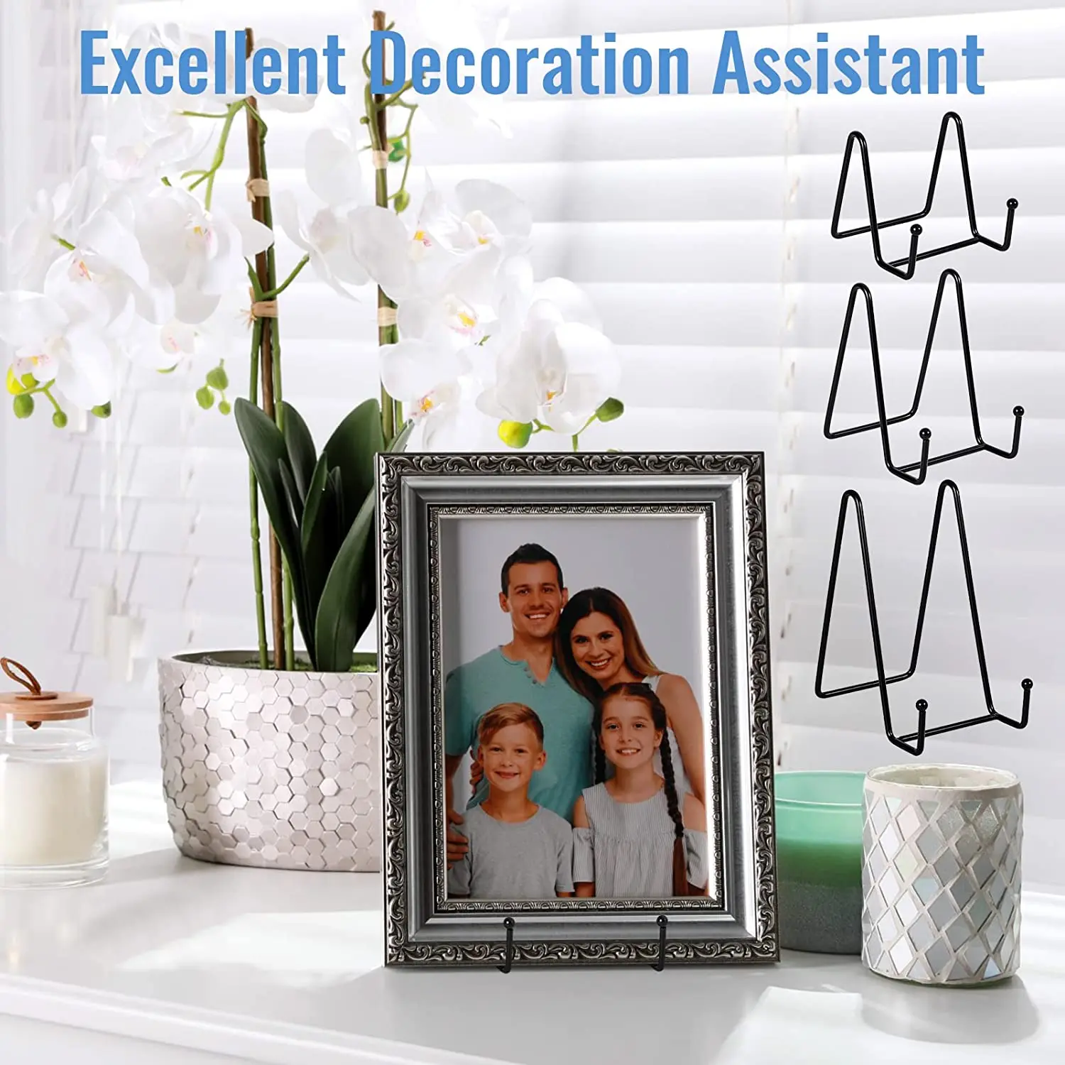 IPAME 3 Pack 3 Inch Plate Stands For Display - Metal Square Wire Plate Holder Display Stand + Picture Frame Stand Holder Easel For Decorative Plate, Book, Plaque, Photo, Platter (Black