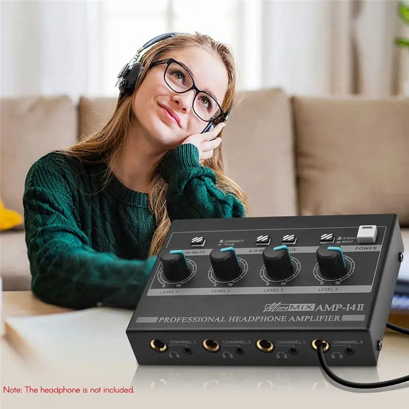 AMP?I4Ⅱ 프로페셔널 4채널 헤드폰 앰프 오디오 컴팩트 스테레오 앰프+6.35Mm 3.5Mm 입력 볼륨 조절
