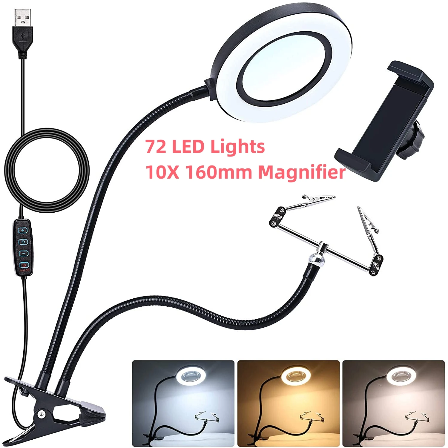 72LED 10X NEW Illuminated Magnifier USB 3 Colors LED Magnifying Glass for Soldering Iron Repair/Table Lamp/Skincare Beauty Tool images - 6