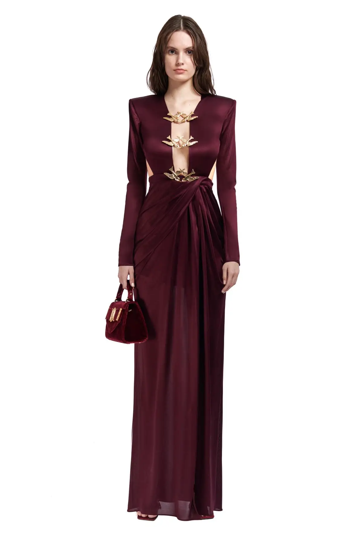 

New Spring Brown Color Women Long Sleeve Sequined Slim Satin Long Dress Elegant Evening Party Prom Dress High Quality