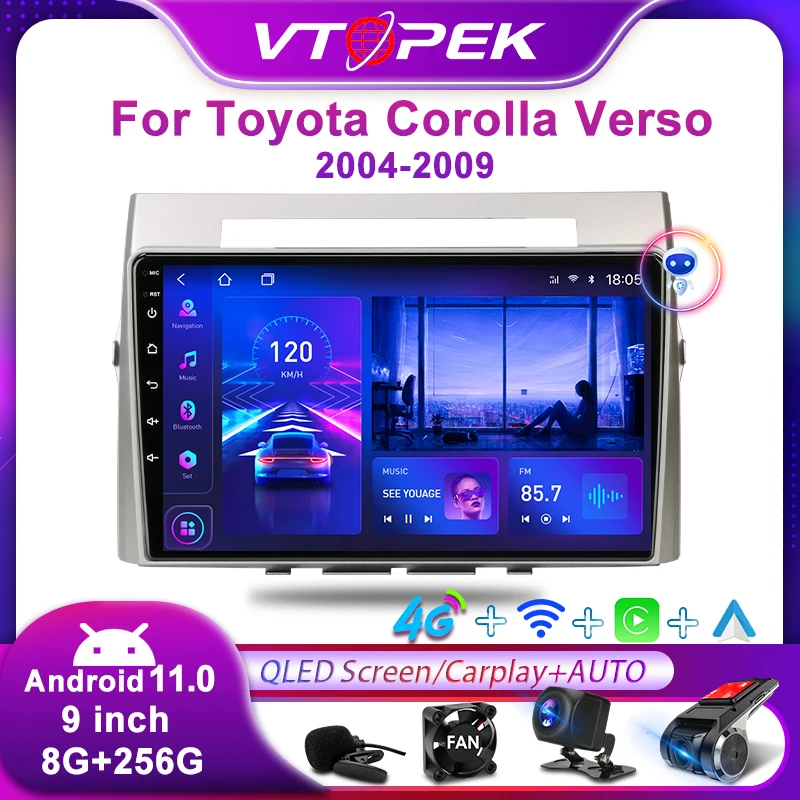 

Vtopek 2Din 9" 4G Android 11 Car Radio stereo Multimedia Players GPS For Toyota Corolla Verso AR10 2004-2009 Head Unit Carplay