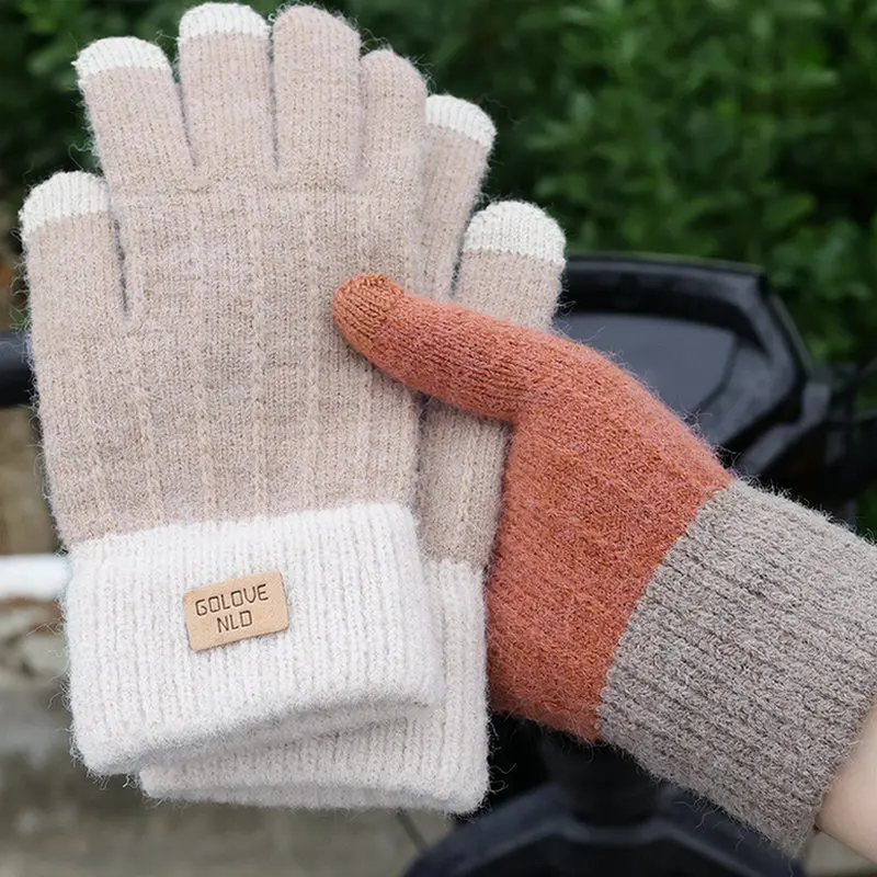 Women Knitted Full Finger Gloves Winter Touchscreen Thick Warm Wool Cashmere Solid Gloves Men Riding Ski Outdoor Plush Mittens