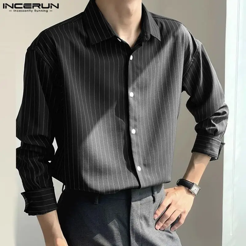 INCERUN Tops 2023 Korean Style Mens Well Fitting Striped Blouse Casual Streetwear Male Solid All-match Long Sleeved Shirts S-5XL