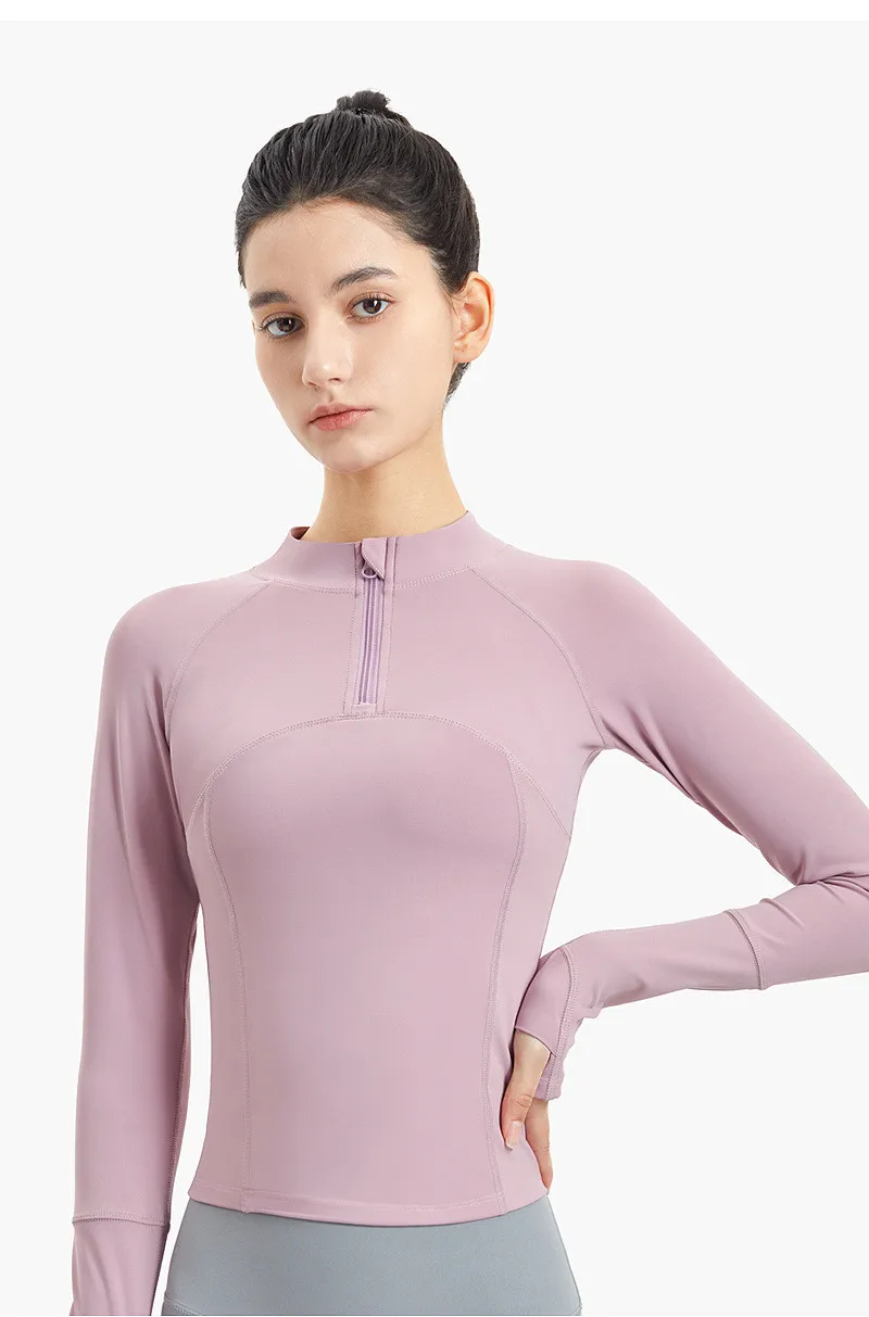 Solid Color Fitness Women Sport Jacket Top Stand-up Collar Half Zipper Long Sleeve Yoga Shirt Coat Thumb  Comprehensive Training