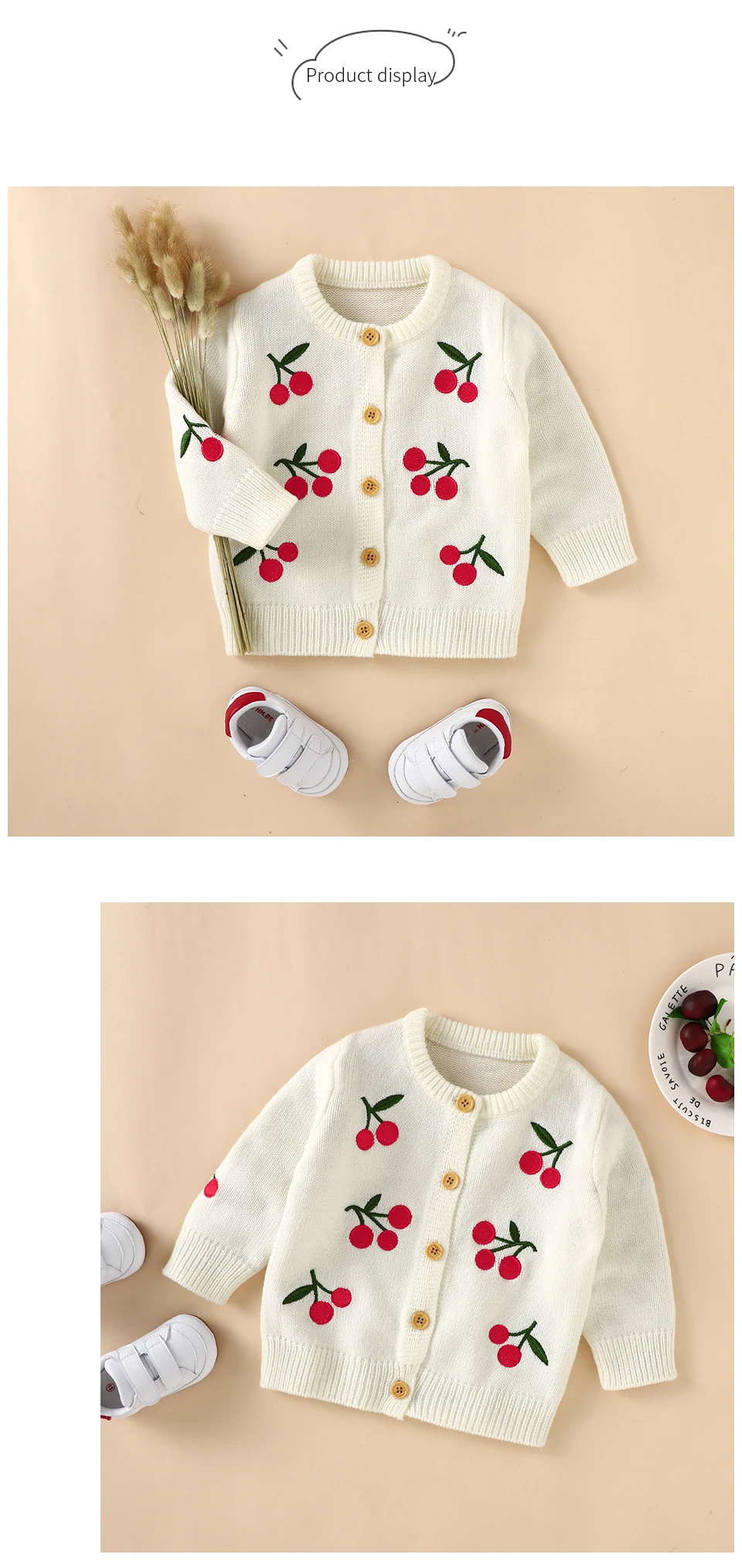 Sweet Cherry Print Knitted Acrylic O-neck Long Sleeve Newborn Baby Girls Coat Soft Infant Cardigan Sweat for 0-12 Months Newborn