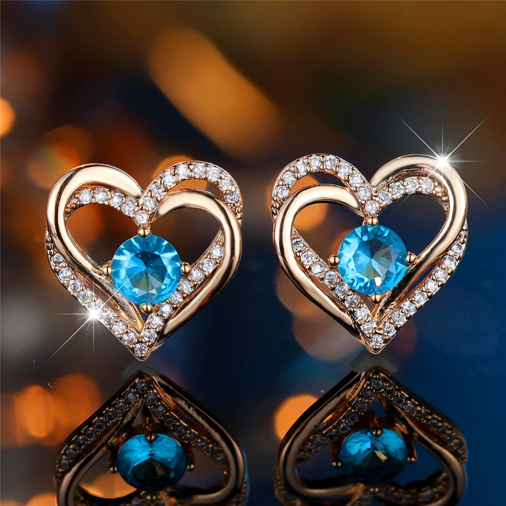 Cute Female Crystal Water Blue Zircon Round Stone Love Heart Stud Earrings Gold Color Wedding Jewelry For Women