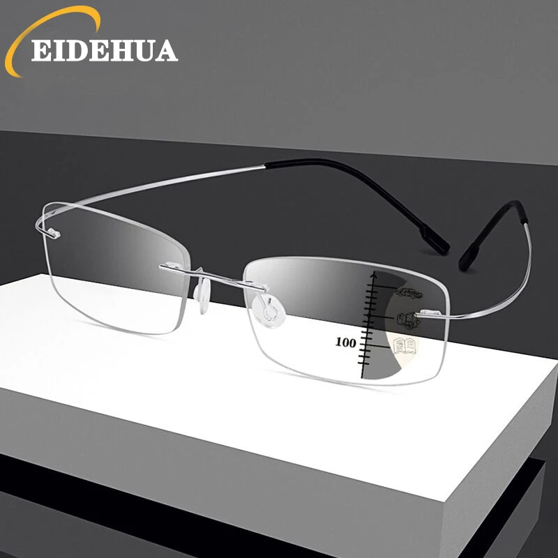 

Memory Titanium Rimless Progressive Reading Glasses Men Women Screwless Design Anti Blue Light Multifocal Presbyopic Eyewear