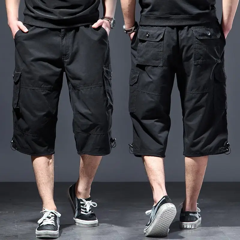 Open Crotch Outdoor Sex Summer Baggy Plus Size Men's Cargo Shorts Casual Elastic Capri Pants Below Knee Long Short with Pockets