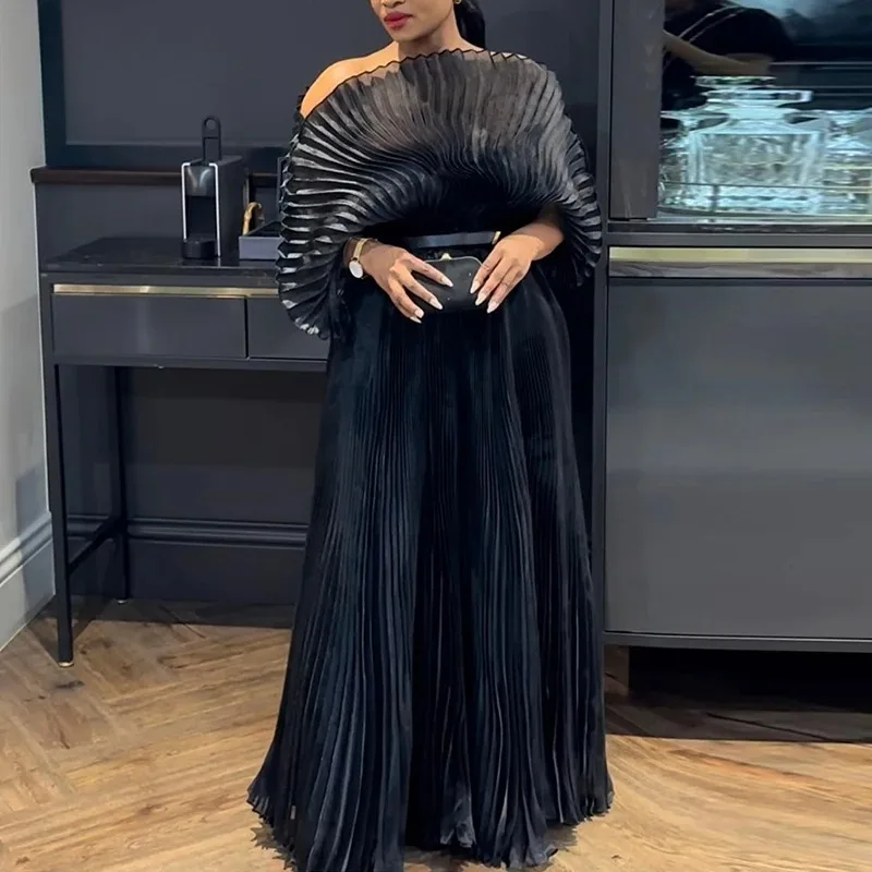 Elegant Pleated Maxi Dress for Women - Handmade Oversize - Half High Collar, Flare Sleeves & Belt, Formal Evening Gown Wedding
