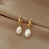 86547-19909a.jpg Boucles d'oreilles françaises élégantes en perles plates épissées, couleur or, pour bijoux de fête à la mode coréenne, accessoires doux pour femmes, nouvelle collection 2023