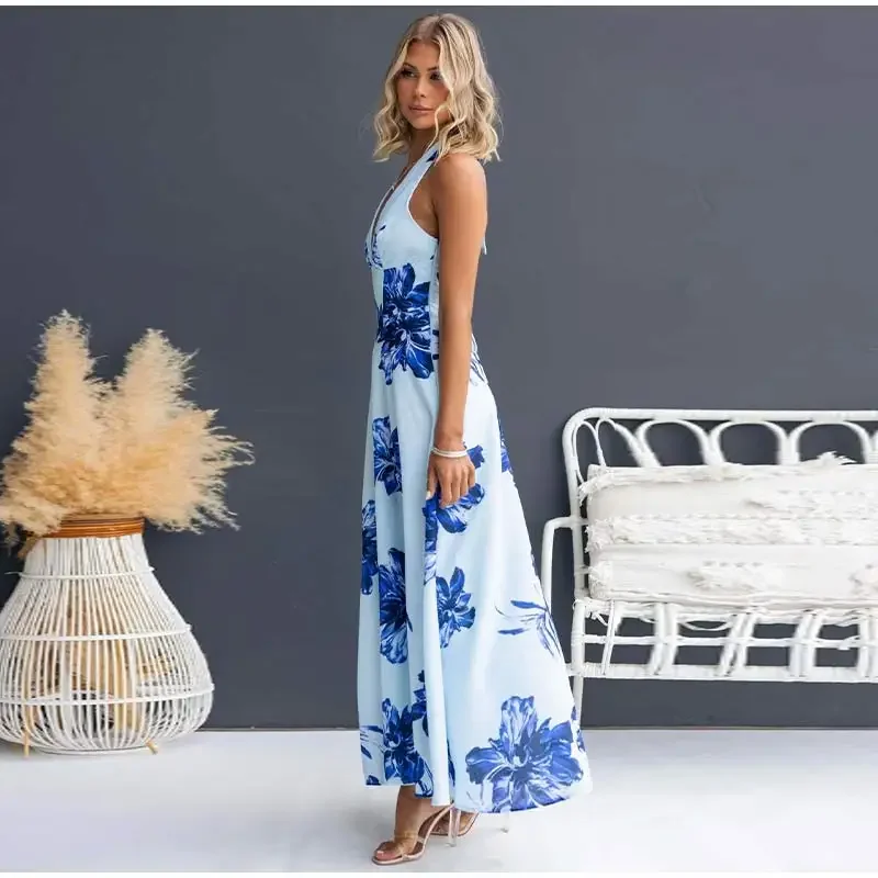 Damen-Maxikleid mit Blumendruck, Neckholder, tiefem V-Ausschnitt, ärmellos, hohe Taille, Schnürkleider, lässig, für den Urlaub, Strand, Streetwear – Detail 22