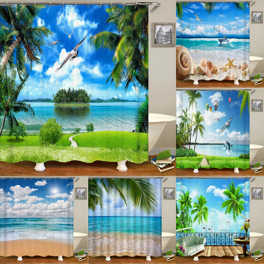 

Sea Beach Scenery Printed Shower Curtain Waterproof 3D Coastal Sunny Landscape Bathroom Curtain with 12 Hooks Home Decoration