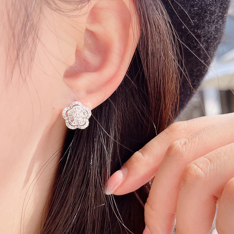 Huitan Silver Color Flower Stud Earrings with White CZ