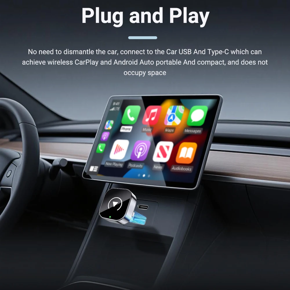 2in1 Mini Wireless CarPlay and Android Auto Adapter 5GHz WiFi Type-C/USB Plug and Play Smart Box for Car Accessories Dongle