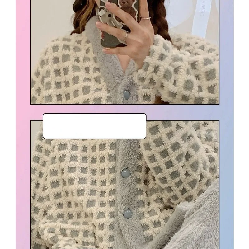 2024 New Autumn Winter Pajamas Cute Little Fragrance Style Loungewear Coral Velvet Thickened Plush Warm Homewear Two-piece Set