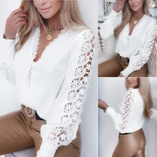 

Fashion elegant hollow out lace shirts women's clothing 2021 autumn winter new office ladie v-neck lantern sleeve white blouses