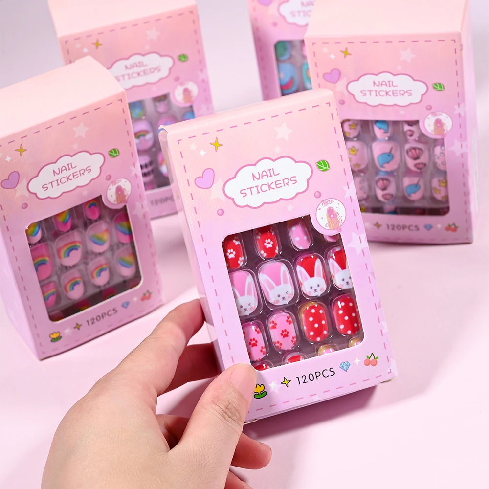120pcs/box Fake Nails Pink Cartoon Children Press On Candy Color Unicorn Cat Bunny Full Cover Girls Party Nail Decoration