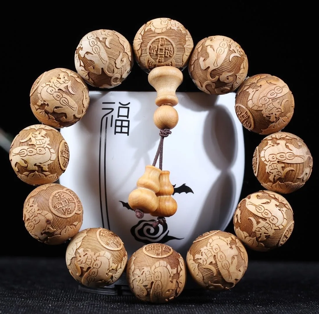 20MM Natural Thuja Cypress Wooden Creative Full Carved Buddha Beads Bracelet Dragon phoenix - Image 3
