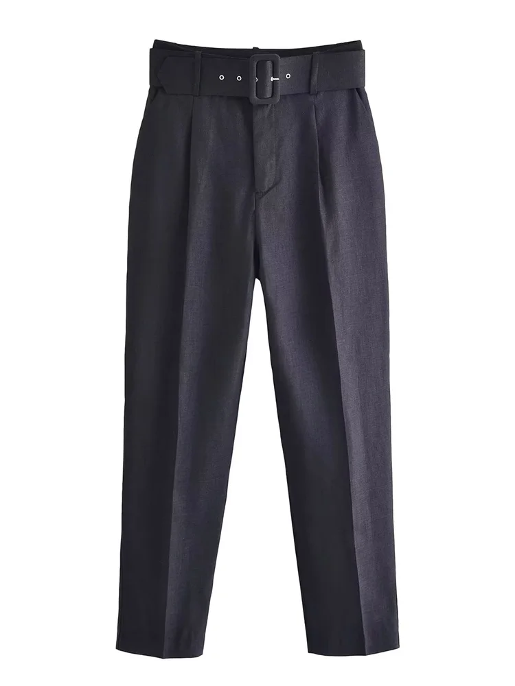 

ZXQJ 2023 Women Fashion With Belt Side Pockets Office Wear Pants Vintage High Waist Zipper Fly Female Ankle Plants Mujer