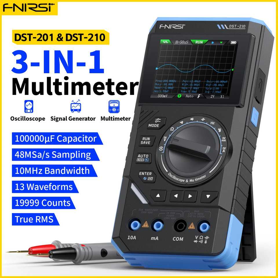 FNIRSI DST-210 3-in-1 Digital Oscilloscope Multimeter 19999 Counts 10MHz 48Msps Portable Automotive Oscilloscope Electrical Tool
