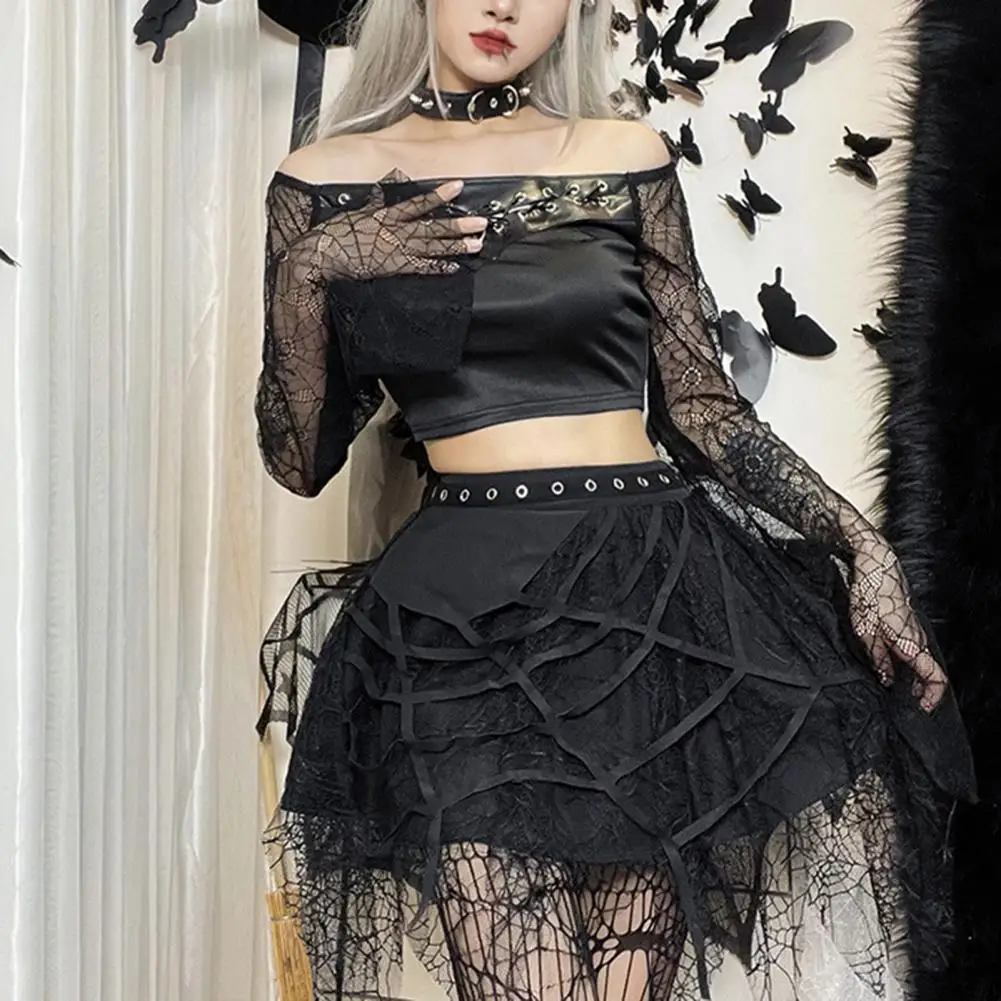 Women Skirt Halloween Spider-Web Decor Tassel Mini Skirt Elastic Waist Big Hem Gothic Metal Holes Summer Skirt Party Garment 3