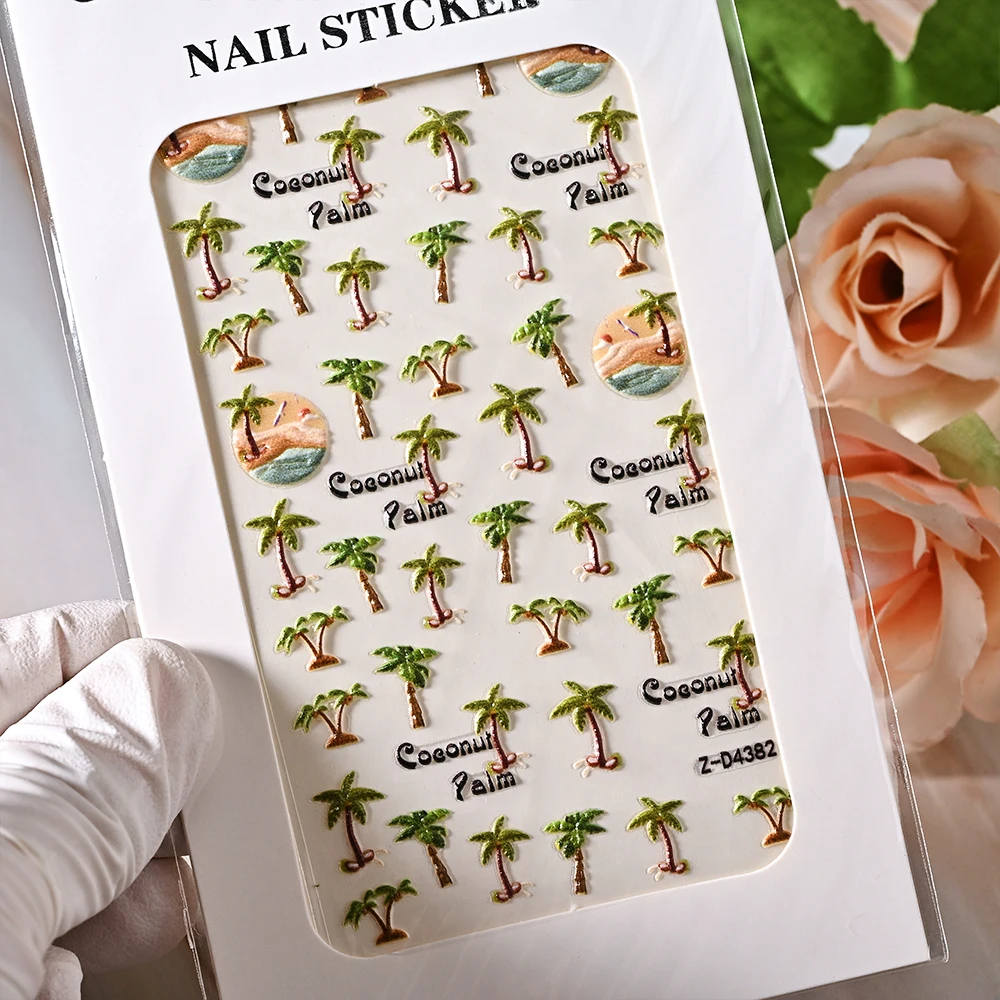 Summer Theme 5D Nail Sticker Cartoon Coconut Sandal Sunglasses Starshell Slider Decals Self-Adhesive Nail Art Decoration Sticker