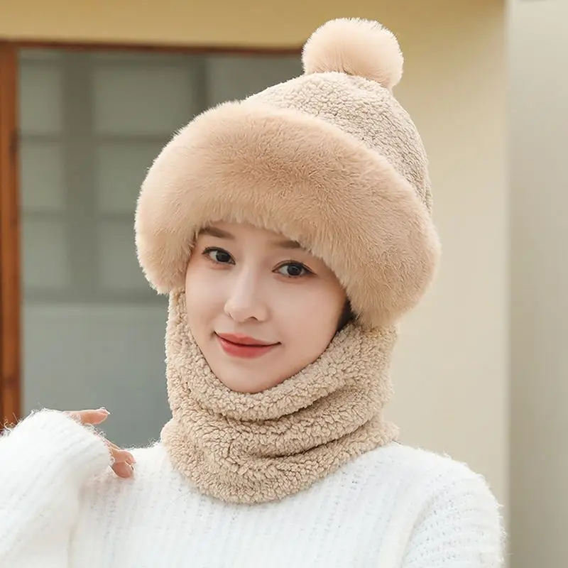

Winter Scarf Set Hooded for Women Plush Neck Warm Russia Outdoor Ski Windproof Hat Thick Plush Fluffy Beanies