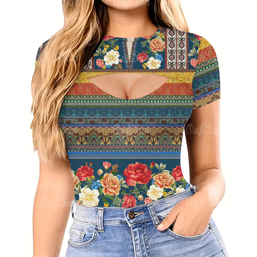 

Богемная женская летняя футболка для девочек, короткие футболки с цветочным принтом и круглым вырезом, топ, Повседневный, Сексуальный Топ Y2K