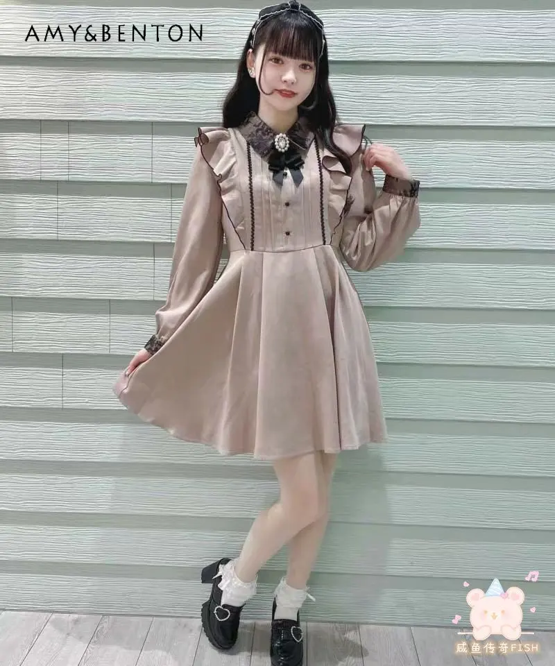 

2023 New Spring Autumn Short Dress Japanese Style Long Sleeve Dress Lace Sweet Casual Dress for Women