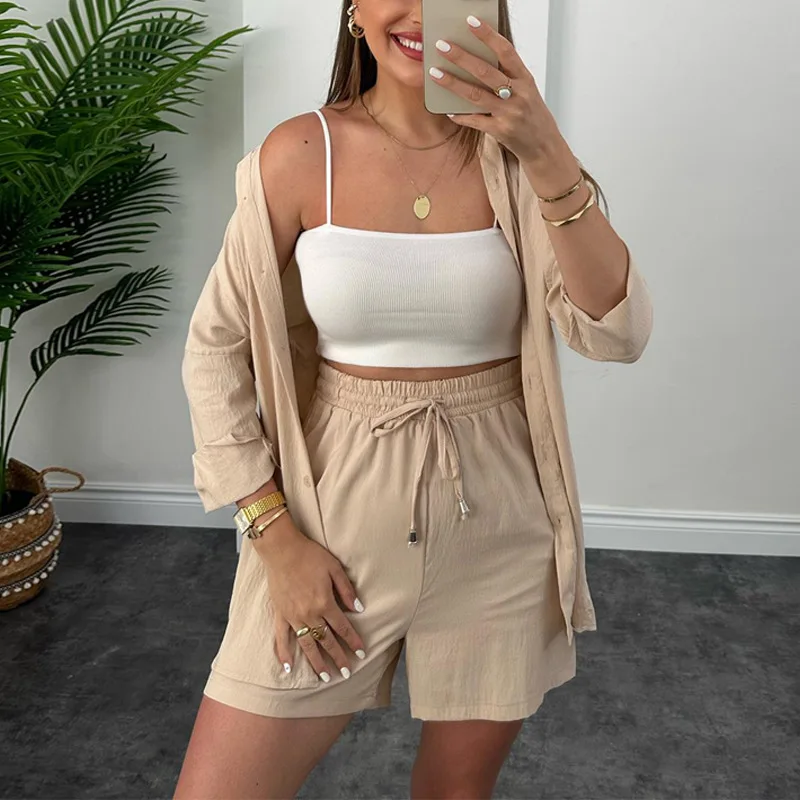 

Spring Wrinkle Collar Long Sleeve Shirt High Waist Drawstring Shorts Large Fashion Casual Set 2 piece sets womens outfits