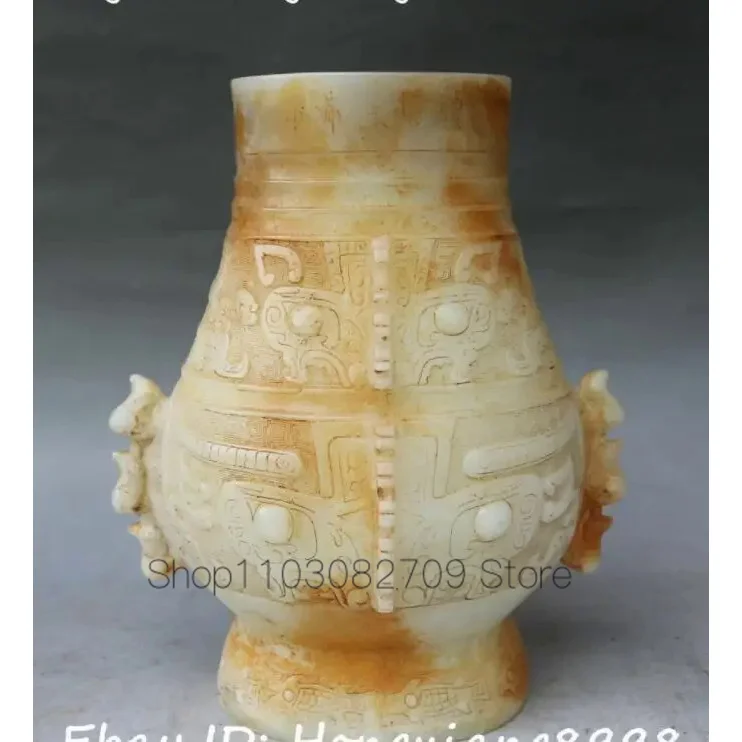 

8" China Old Jade Dragon Loong Pixiu Beast Head Bottle Pot Vase Jar Jug Statue