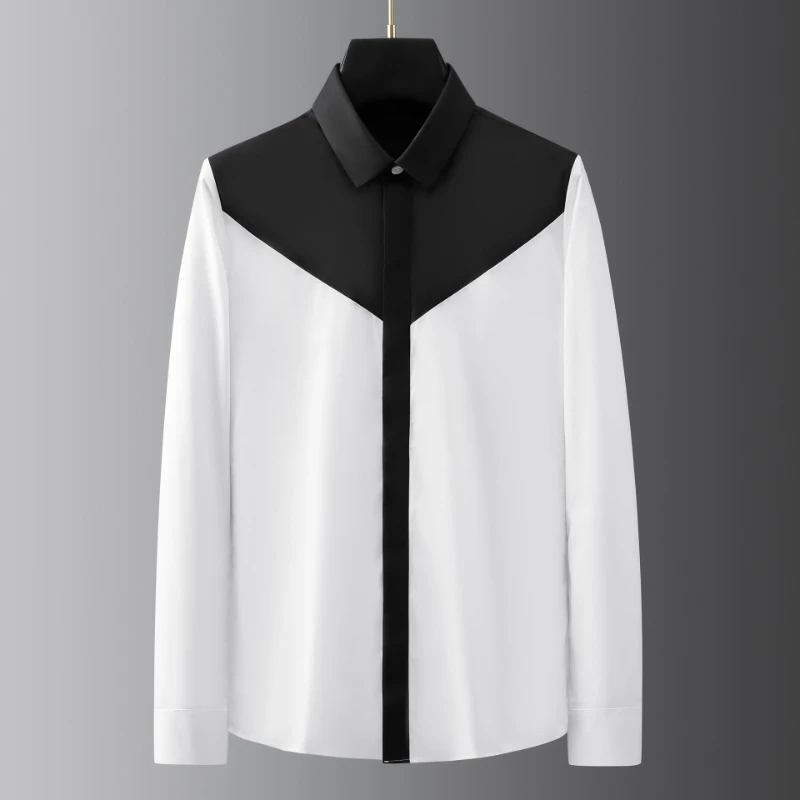 

Black White Men's Shirts Luxury Long Sleeve Splicing Business Casual Male Dress Shirts Fashion Slim Fit Party Man Shirts