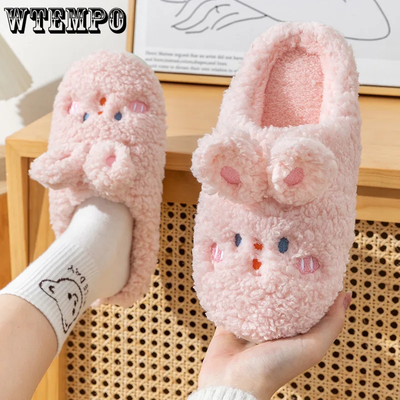 

WTEMPO Cute Cartoon Home Cotton Slippers Autumn Winter Warm Indoor Plush Slides Couple Women Men Sandals Dropshipping