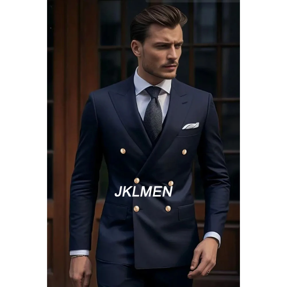 

Men's Suits Navy Blue Peak Lapel Double Breasted Elegant Groom Full Set 2 Piece Jacket Pants Skinny Costume Homme Terno