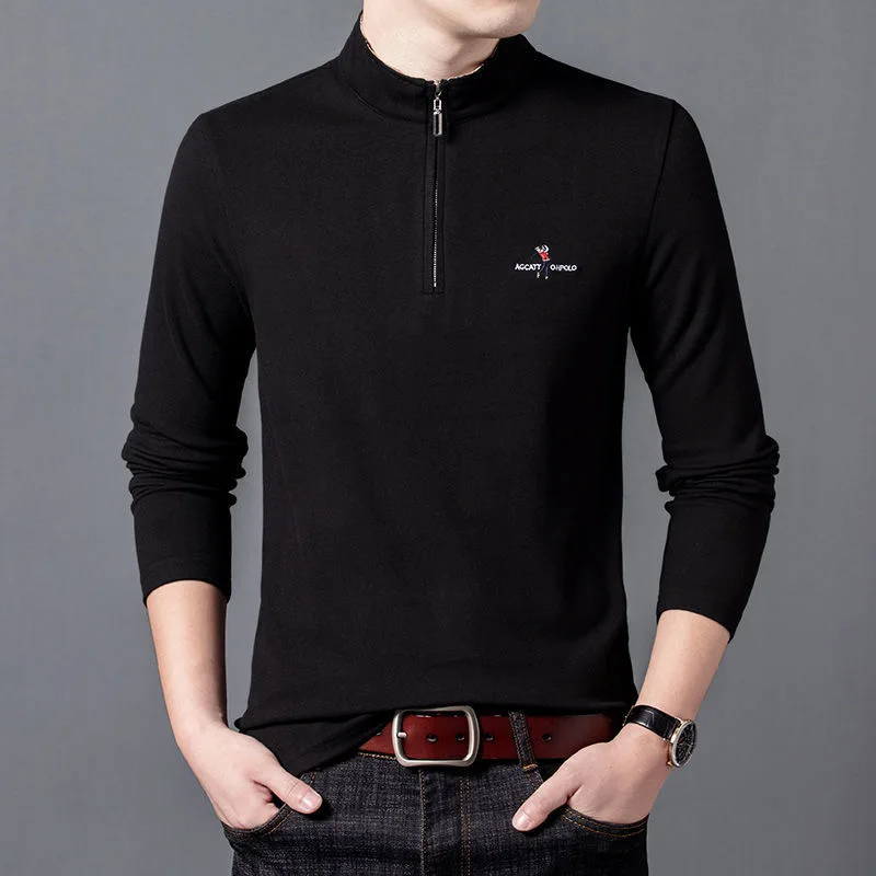 

High grade zipper half high collar sweater men's Plush Pullover thickened winter stand collar trend embroidery large long sleeve