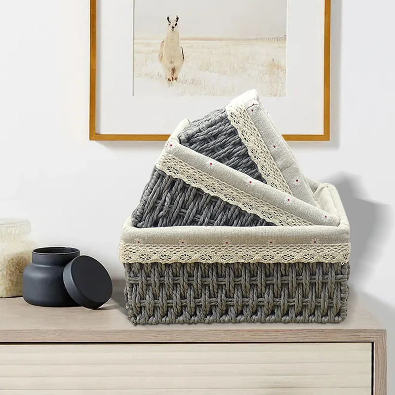 S M L Woven Storage Basket Handmade Rattan Storage Box with Removable Floral Liner Home Decoration Sundries Organizer 2
