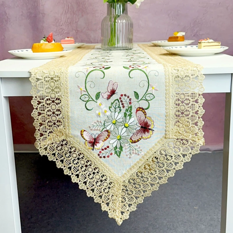 

Новинка, льняная ткань, кружевной стол, флаг, кисточка, вышивка, Настольная дорожка, винтажное украшение для стола в отеле