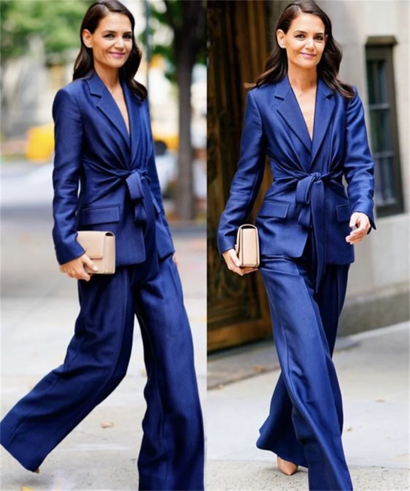 

2 Pcs Blue Satin Women Suit Pants Set Blazer With Belt+Trousers Business Formal Office Lady Coat Jacket Custom Made Costume