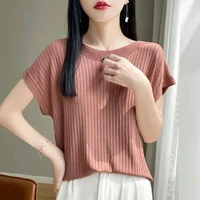 Summer New Style Ice Silk Knitted Short Sleeve Women Casual Loose Slim Fit Half Sleeve Base Thin Top T Shirt Polyester Fiber
