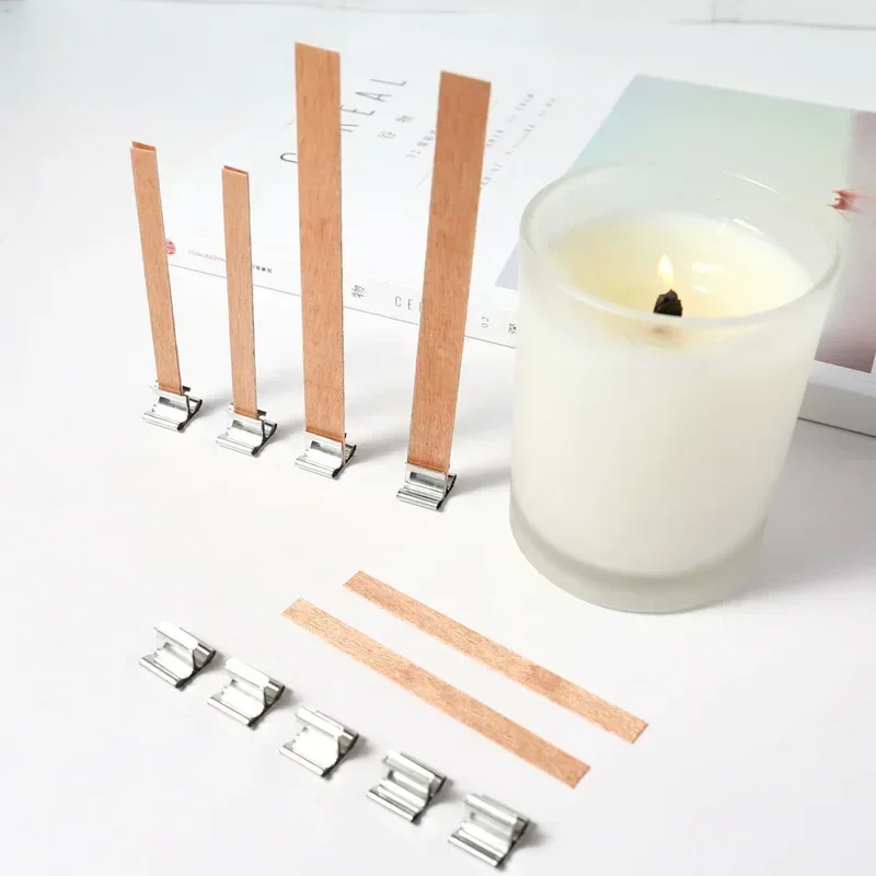 Natural Wooden Candle Wicks with Clips for Jar Candle Crafting - Smokeless and Handmade Core